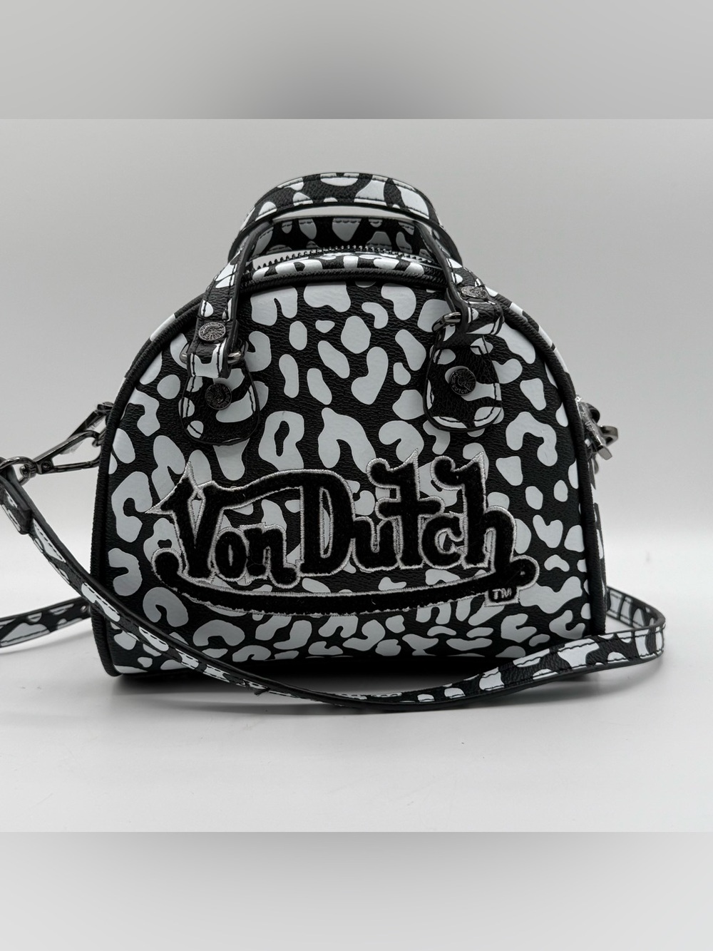 Von Dutch Black & White Leopard-Print Mini Dome Bag NWT